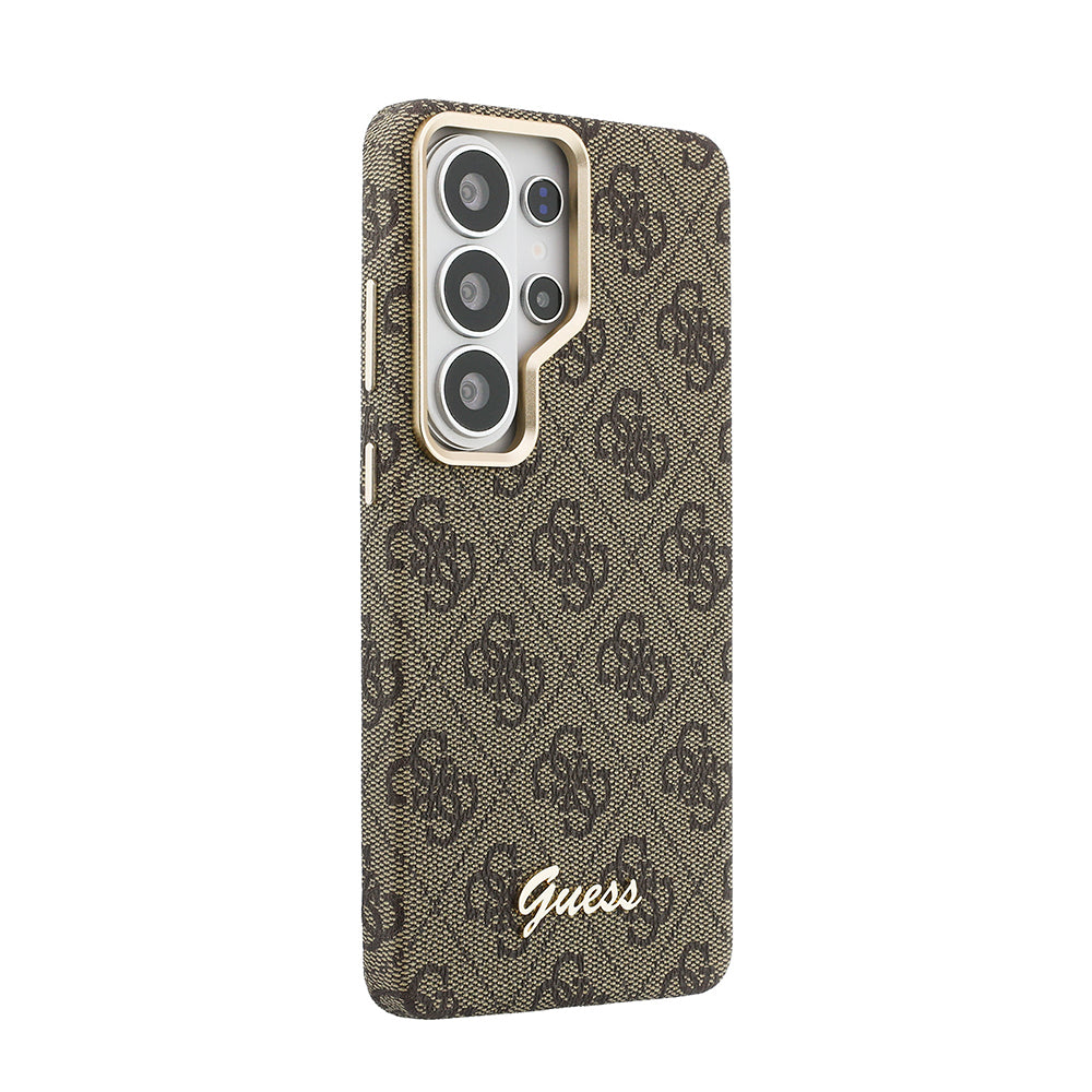 Galaxy S26 Ultra Kılıf Guess Orjinal Lisanslı M-safe Şarj Özellikli Script Yazı Logolu 4G Desenli Kapak Kahverengi
