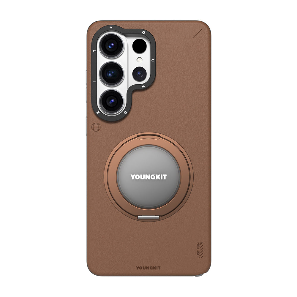 Galaxy S26 Ultra Kılıf M-safe Şarj Özellikli 360° Standlı Basit Mat Deri Desenli Youngkit Tech Leather Serisi Kapak Kahverengi