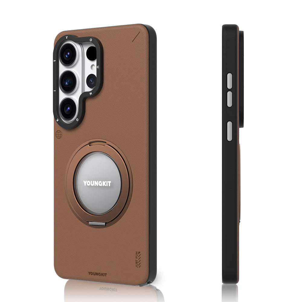 Galaxy S26 Ultra Kılıf M-safe Şarj Özellikli 360° Standlı Basit Mat Deri Desenli Youngkit Tech Leather Serisi Kapak Kahverengi