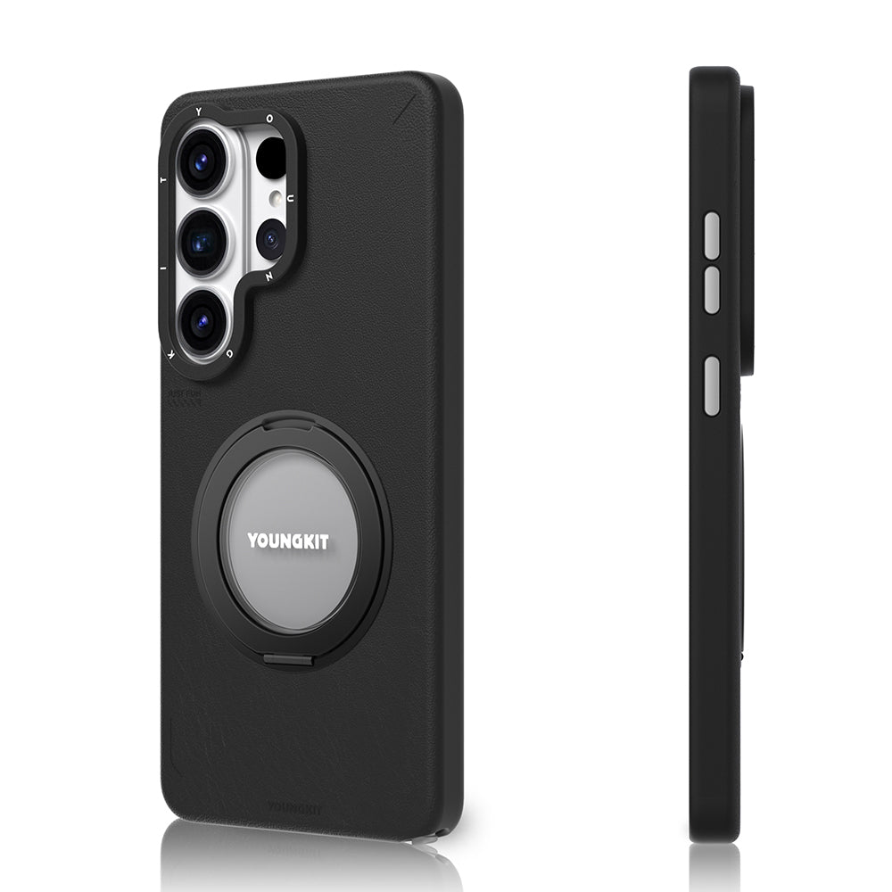 Galaxy S26 Ultra Kılıf M-safe Şarj Özellikli 360° Standlı Basit Mat Deri Desenli Youngkit Tech Leather Serisi Kapak Siyah