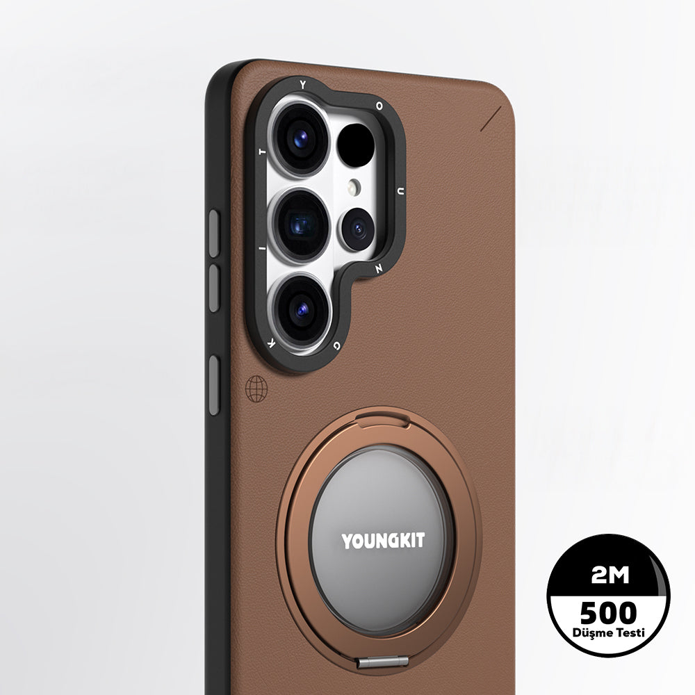 Galaxy S26 Ultra Kılıf M-safe Şarj Özellikli 360° Standlı Basit Mat Deri Desenli Youngkit Tech Leather Serisi Kapak Kahverengi