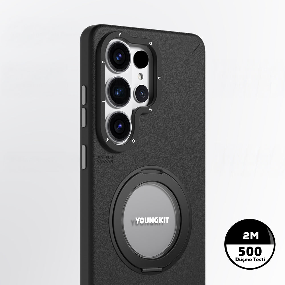 Galaxy S26 Ultra Kılıf M-safe Şarj Özellikli 360° Standlı Basit Mat Deri Desenli Youngkit Tech Leather Serisi Kapak Siyah