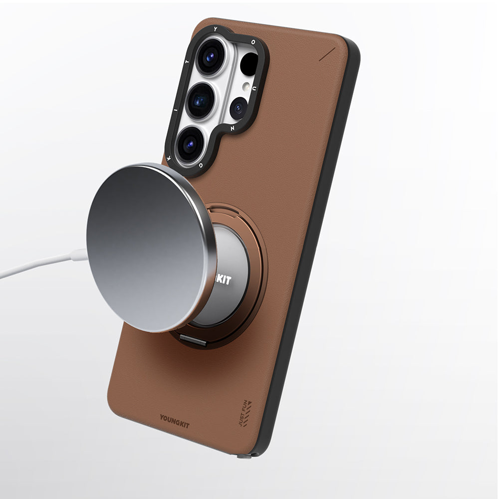 Galaxy S26 Ultra Kılıf M-safe Şarj Özellikli 360° Standlı Basit Mat Deri Desenli Youngkit Tech Leather Serisi Kapak Kahverengi