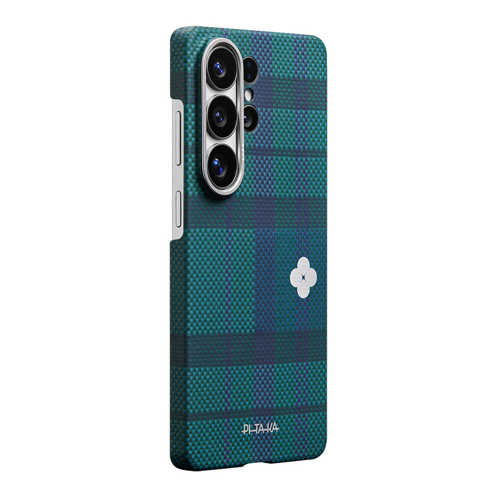 Galaxy S26 Ultra Kılıf M-safe Şarj Özellikli Aramid Fiber Pitaka Flora in Grid Serisi Kapak Mavi