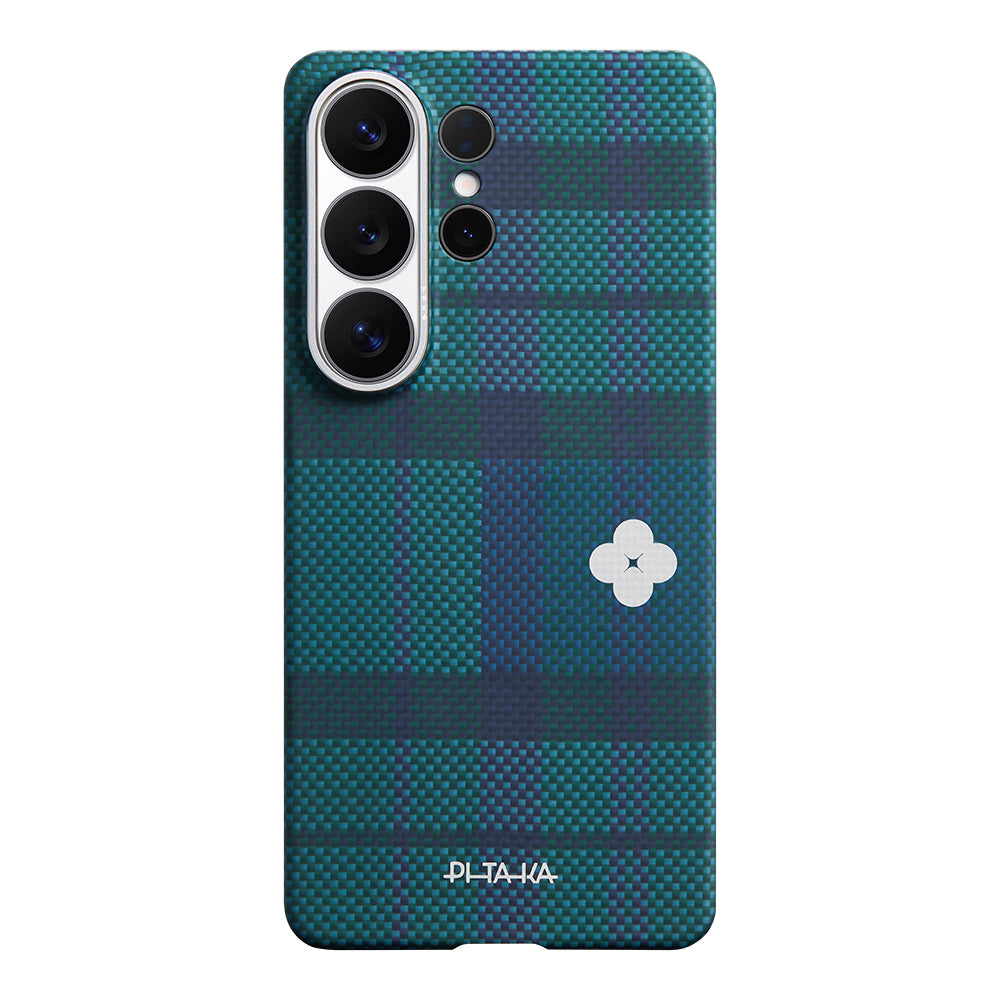 Galaxy S26 Ultra Kılıf M-safe Şarj Özellikli Aramid Fiber Pitaka Flora in Grid Serisi Kapak Mavi