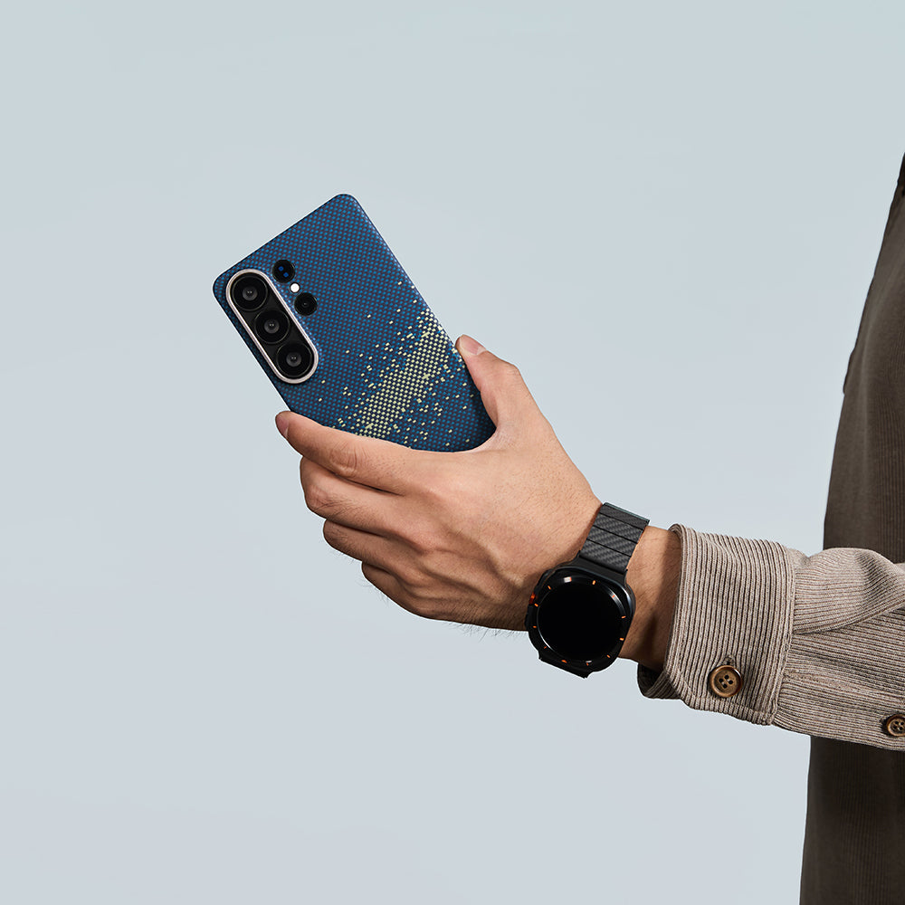 Galaxy S26 Ultra Kılıf M-safe Şarj Özellikli Aramid Fiber Pitaka Tactile Woven Starpeak Edge Serisi Milky Way Galaxy Kapak Mavi