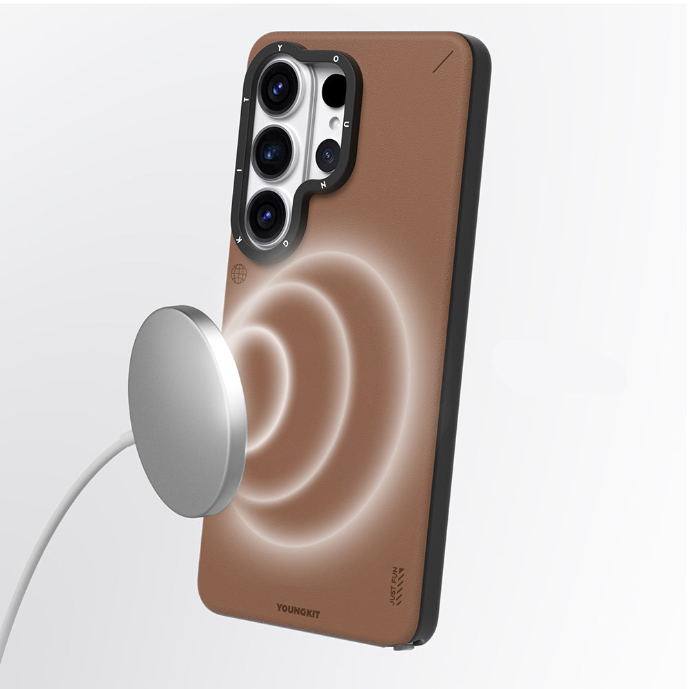 Galaxy S26 Ultra Kılıf M-safe Şarj Özellikli Basit Mat Deri Desenli Youngkit Tech Fashion Serisi Kapak Kahverengi