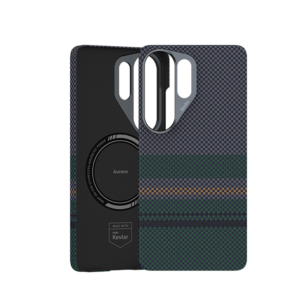 Galaxy S26 Ultra Kılıf M-safe Şarj Özellikli Karbon Fiber Tasarımlı Benks Aurora ArmorAir Kevlar Kapak Yeşil