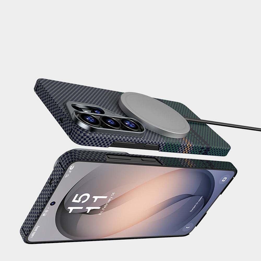 Galaxy S26 Ultra Kılıf M-safe Şarj Özellikli Karbon Fiber Tasarımlı Benks Aurora ArmorAir Kevlar Kapak Yeşil