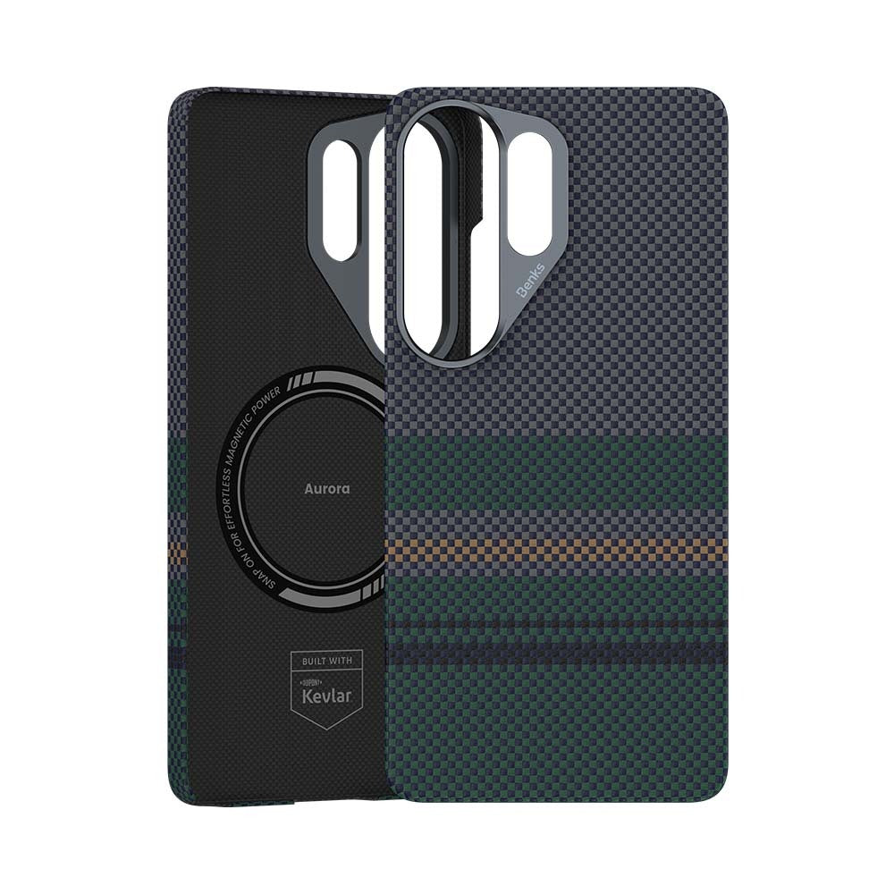 Galaxy S26 Ultra Kılıf M-safe Şarj Özellikli Karbon Fiber Tasarımlı Benks Aurora ArmorPro Kevlar Kapak Yeşil