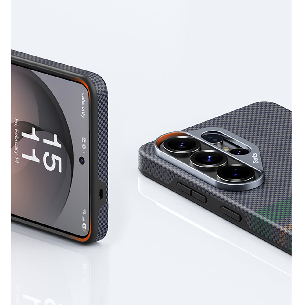 Galaxy S26 Ultra Kılıf M-safe Şarj Özellikli Karbon Fiber Tasarımlı Benks Aurora ArmorPro Kevlar Kapak Yeşil