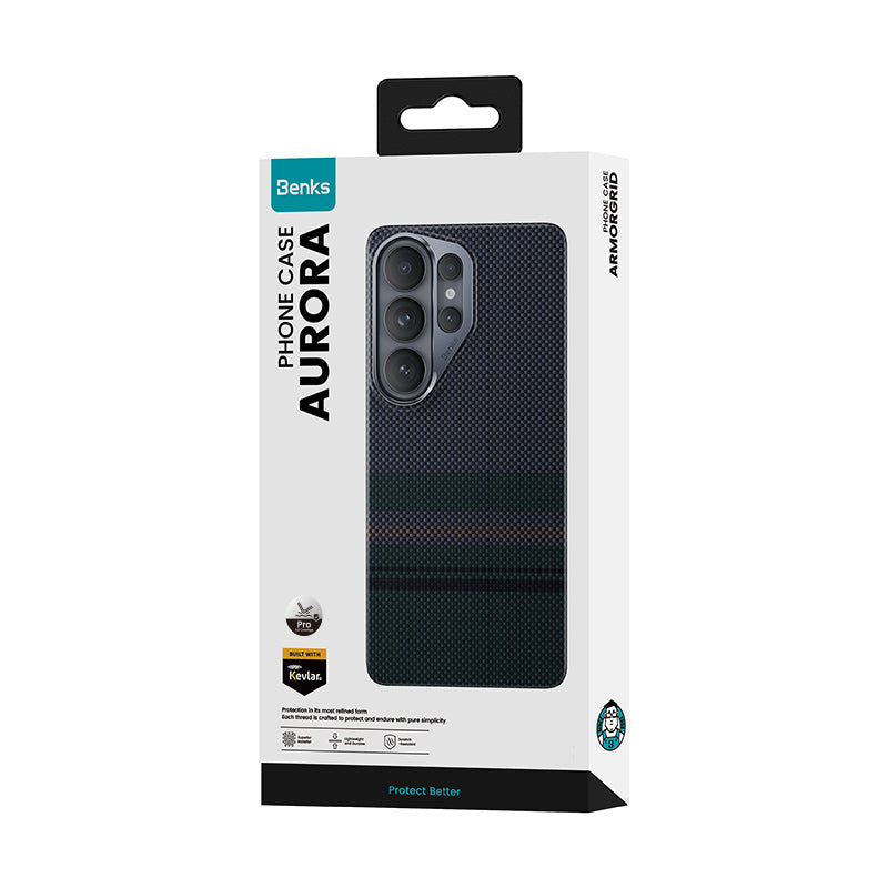 Galaxy S26 Ultra Kılıf M-safe Şarj Özellikli Karbon Fiber Tasarımlı Benks Aurora ArmorPro Kevlar Kapak Yeşil