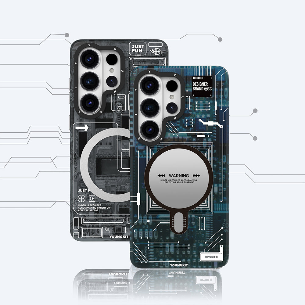 Galaxy S26 Ultra Kılıf M-safe Şarj Özellikli Youngkit 360 Derece Standlı Technology Serisi Kapak Mavi