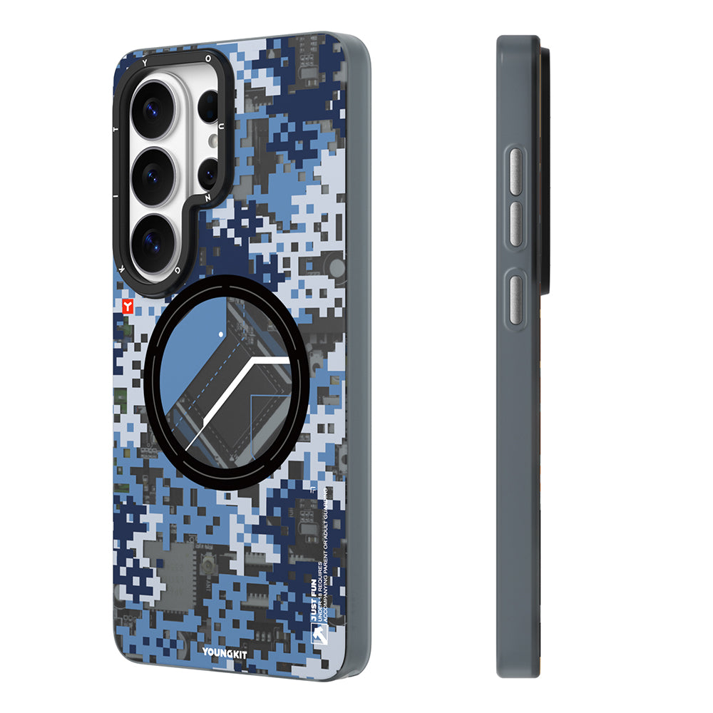 Galaxy S26 Ultra Kılıf M-Safe Şarj Özellikli Youngkit Camouflage Sykell Serisi Kapak Mavi