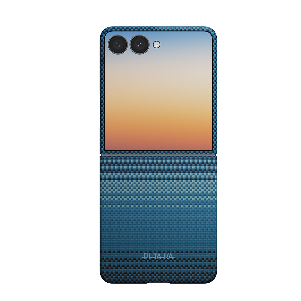 Galaxy Z Flip 8 Kılıf M-safe Şarj Özellikli Aramid Karbon Fiber Pitaka Tactile Woven Sunset-Moonrise Serisi Kapak Mavi