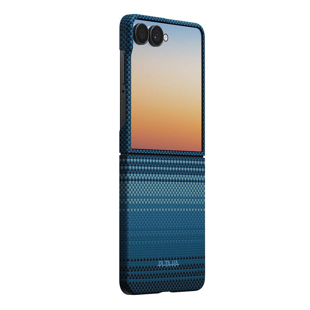 Galaxy Z Flip 8 Kılıf M-safe Şarj Özellikli Aramid Karbon Fiber Pitaka Tactile Woven Sunset-Moonrise Serisi Kapak Mavi