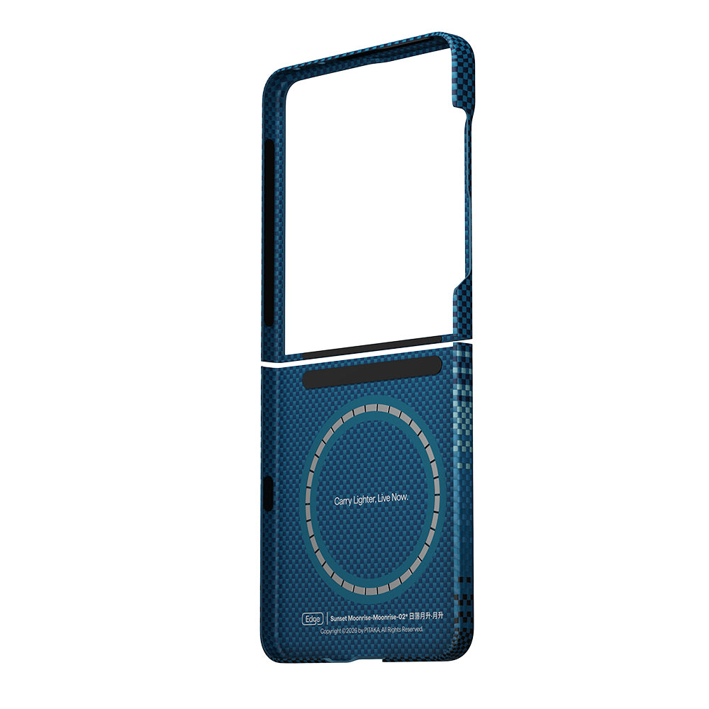 Galaxy Z Flip 8 Kılıf M-safe Şarj Özellikli Aramid Karbon Fiber Pitaka Tactile Woven Sunset-Moonrise Serisi Kapak Mavi