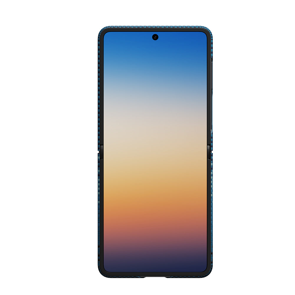 Galaxy Z Flip 8 Kılıf M-safe Şarj Özellikli Aramid Karbon Fiber Pitaka Tactile Woven Sunset-Moonrise Serisi Kapak Mavi