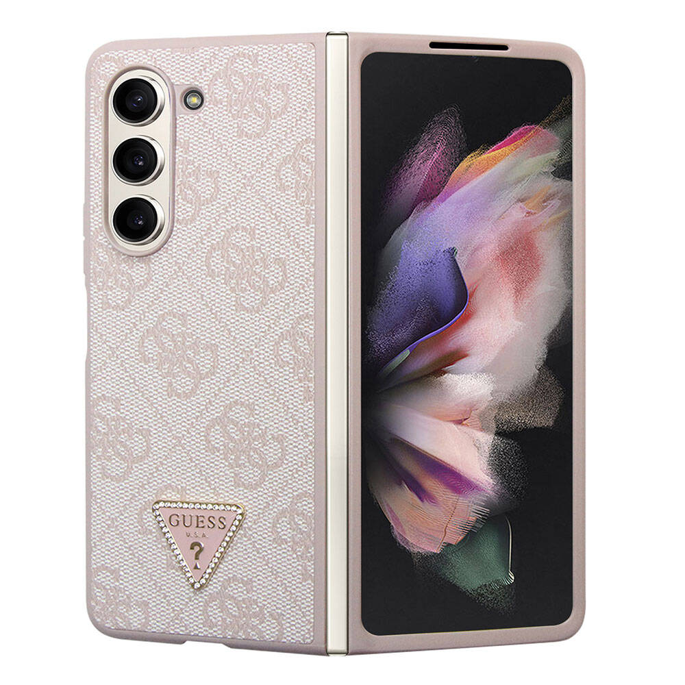 Galaxy Z Fold 5 Kılıf Guess Orjinal Lisanslı PU Deri Taşlı Üçgen Logo 4G Desenli Strass Kapak Pembe