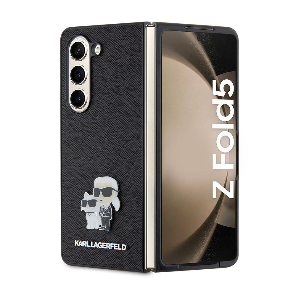 Galaxy Z Fold 5 Kılıf Karl Lagerfeld Orjinal Lisanslı K&C Metal Logolu Saffiano Kılıf Siyah