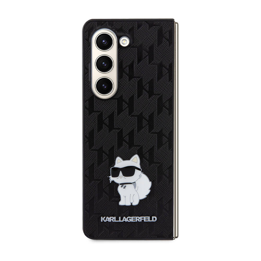 Galaxy Z Fold 5 Kılıf Karl Lagerfeld Orjinal Lisanslı KL Desenli Choupette İkonik Saffiano Kılıf Siyah