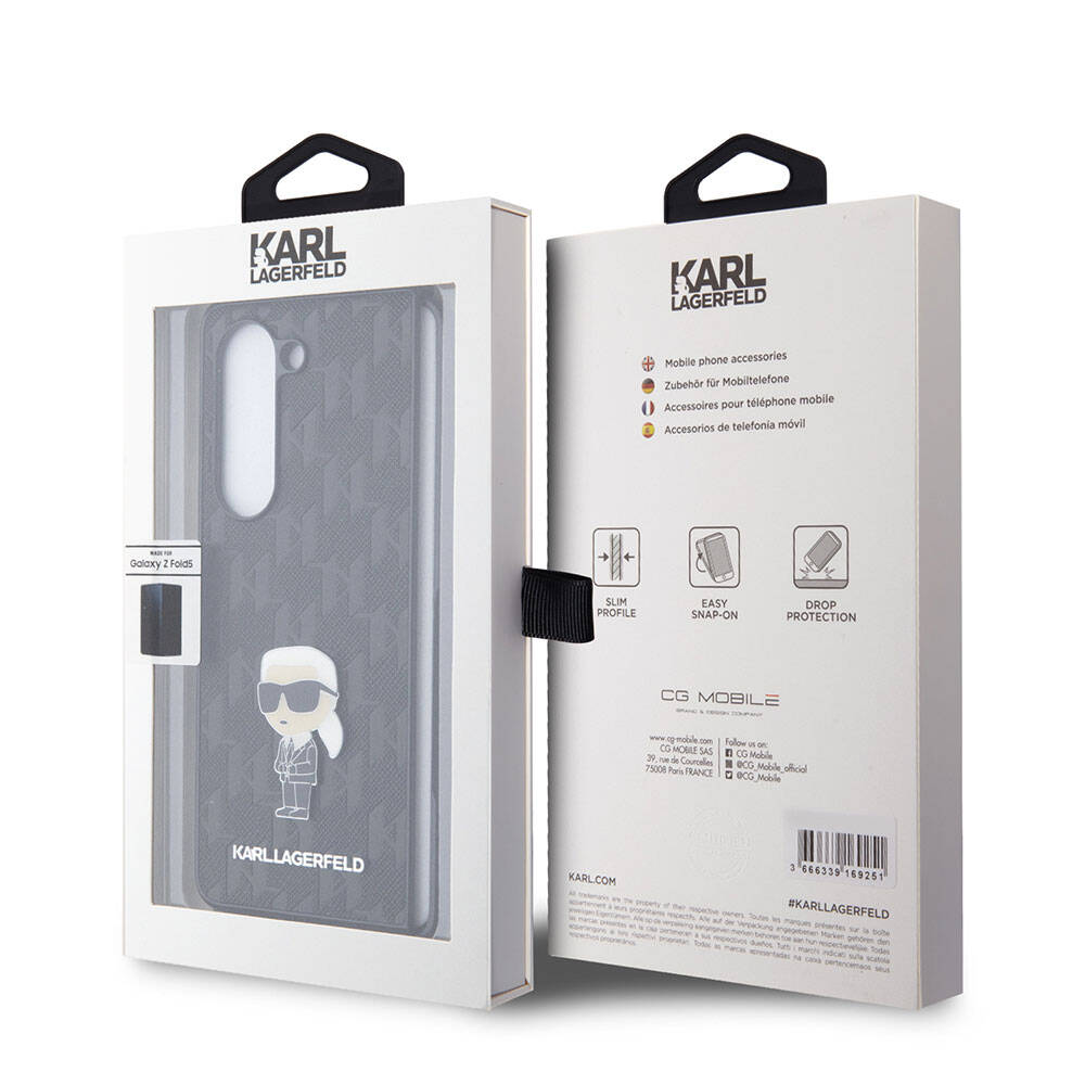 Galaxy Z Fold 5 Kılıf Karl Lagerfeld Orjinal Lisanslı KL Desenli Karl İkonik Saffiano Kılıf Siyah