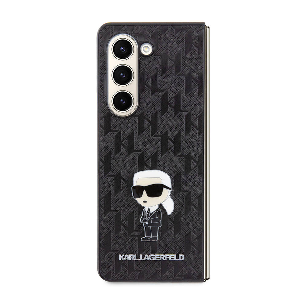 Galaxy Z Fold 5 Kılıf Karl Lagerfeld Orjinal Lisanslı KL Desenli Karl İkonik Saffiano Kılıf Siyah