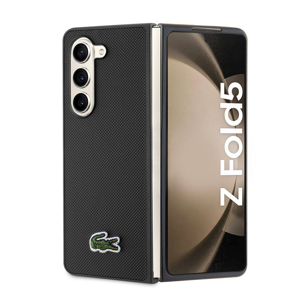 Galaxy Z Fold 5 Kılıf Lacoste Orjinal Lisanslı PU Pike Desenli Arka Yüzey İkonik Timsah Dokuma Logolu Kılıf Siyah
