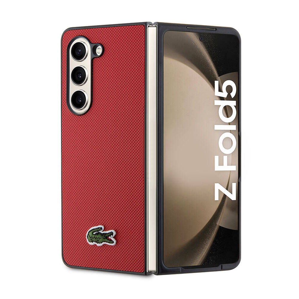 Galaxy Z Fold 5 Kılıf Lacoste Orjinal Lisanslı PU Pike Desenli Arka Yüzey İkonik Timsah Dokuma Logolu Kılıf Kırmızı