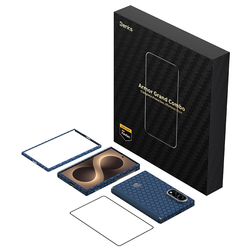 Galaxy Z Fold 8 Benks ArmorAir ArmorGrid Grand Combo Üçlü Aksesuar Seti (Ön Arka Kevlar Karbon Kapak + Ekran Koruyucu) Mavi