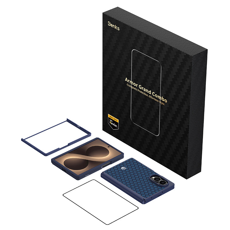 Galaxy Z Fold 8 Benks ArmorPro ArmorGrid Grand Combo Üçlü Aksesuar Seti (Ön Arka Kevlar Karbon Kapak + Ekran Koruyucu) Mavi