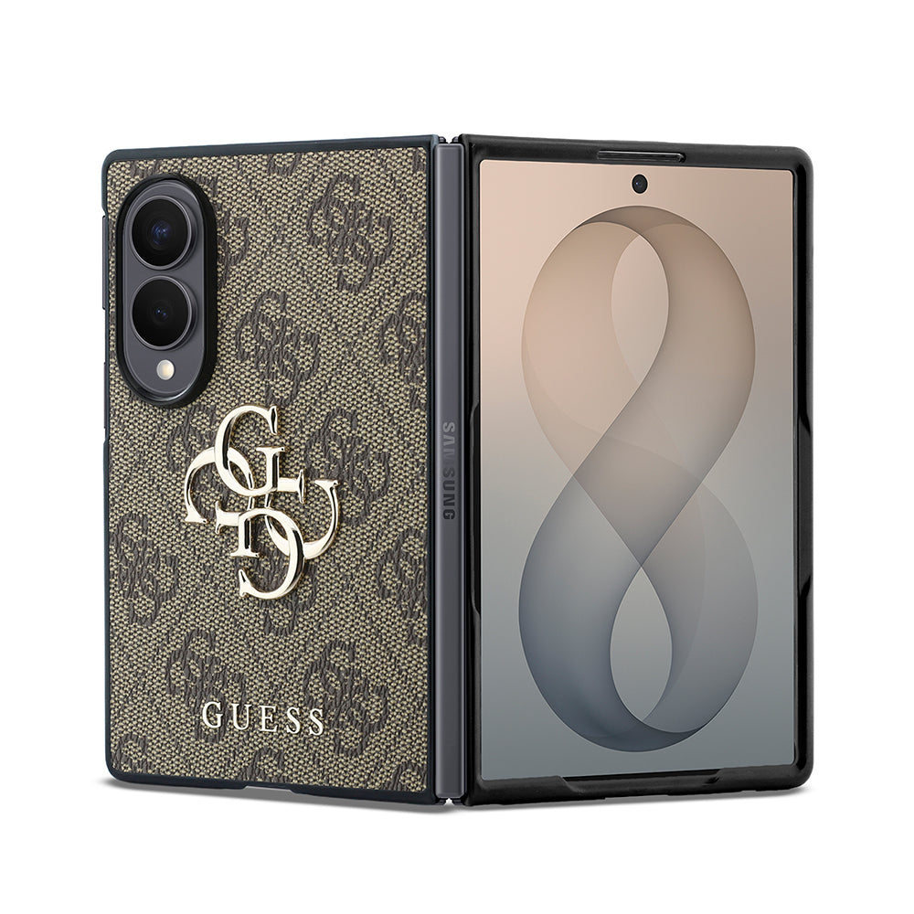 Galaxy Z Fold 8 Kılıf Guess Orjinal Lisanslı 4G Desenli Metal Büyük 4G ve Yazı Logolu Kapak Kahverengi