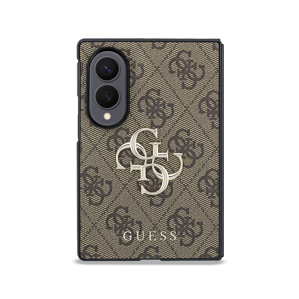 Galaxy Z Fold 8 Kılıf Guess Orjinal Lisanslı 4G Desenli Metal Büyük 4G ve Yazı Logolu Kapak Kahverengi