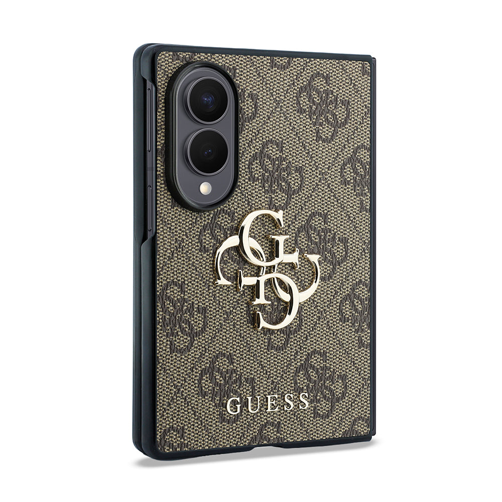 Galaxy Z Fold 8 Kılıf Guess Orjinal Lisanslı 4G Desenli Metal Büyük 4G ve Yazı Logolu Kapak Kahverengi