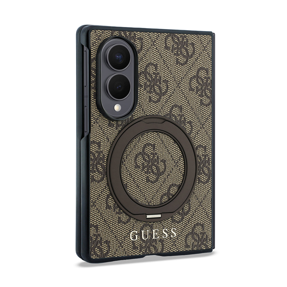 Galaxy Z Fold 8 Kılıf Guess Orjinal Lisanslı M-safe Şarj Özellikli 360 Derece Dönebilen Standlı PU Metal Logolu Kapak Kahverengi
