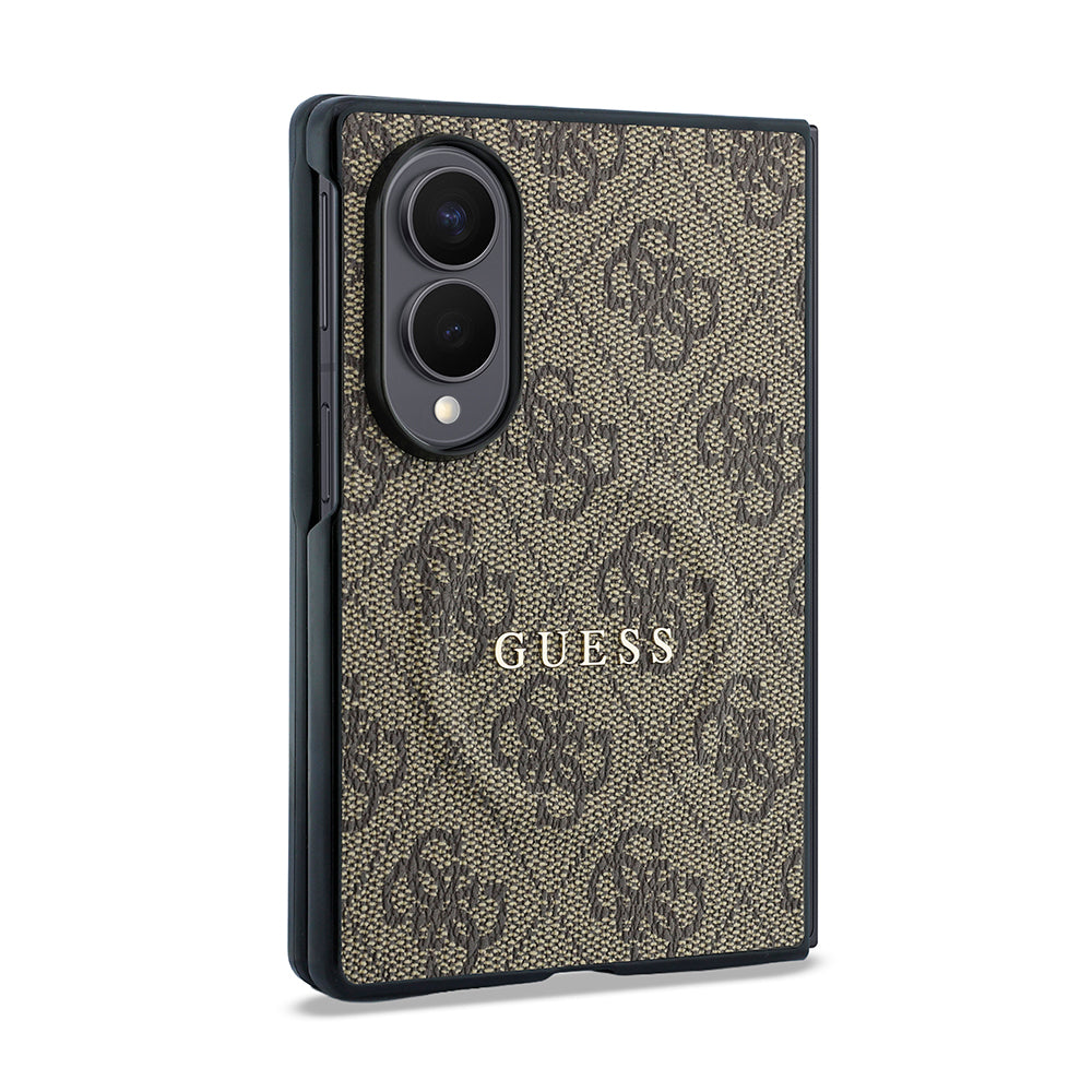 Galaxy Z Fold 8 Kılıf Guess Orjinal Lisanslı M-safe Şarj Özellikli PU Deri 4G Desenli Yazı Logolu Kapak Kahverengi