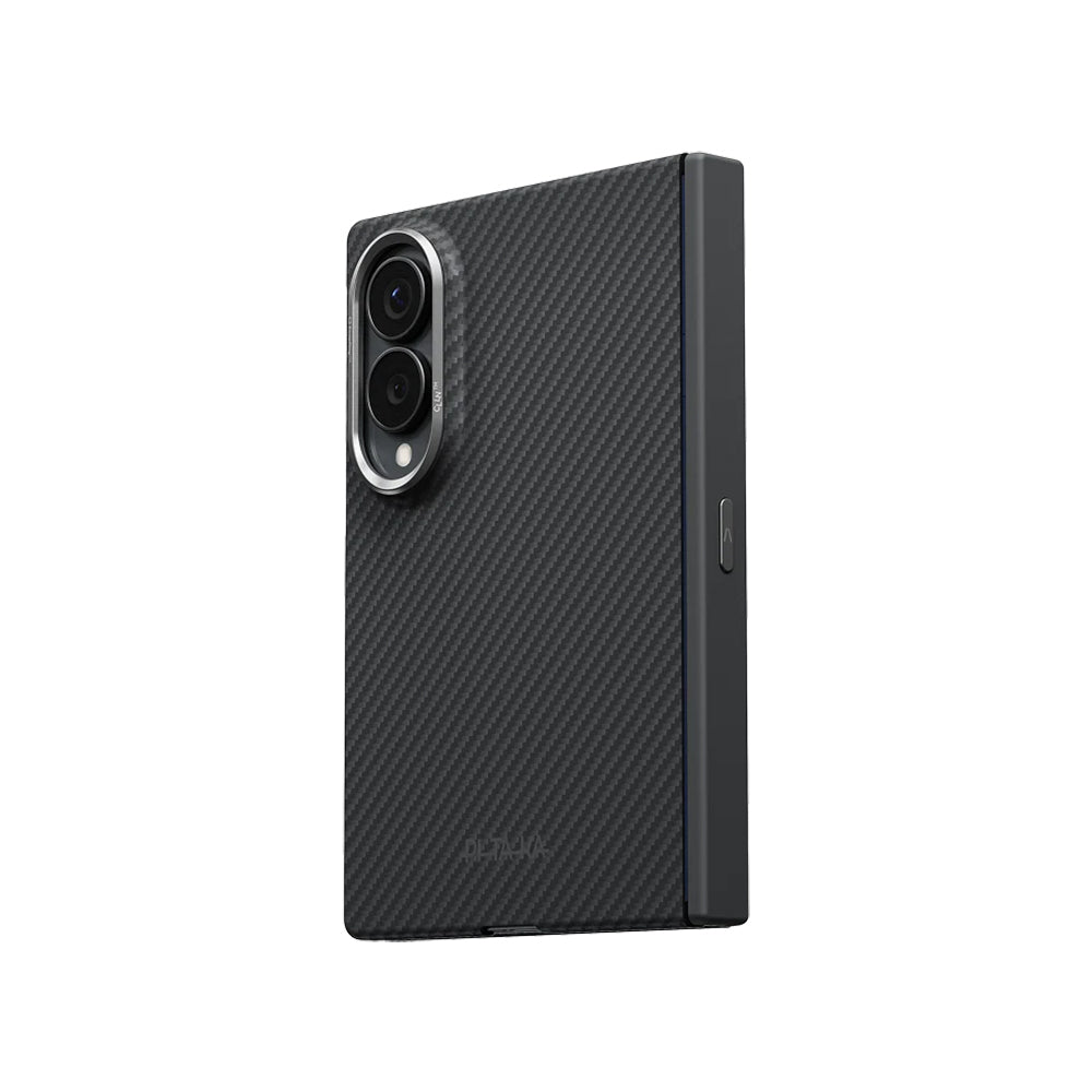 Galaxy Z Fold 8 Kılıf M-safe Şarj Özellikli 600D Aramid Karbon Fiber Menteşe Butonlu Pitaka Black-Grey Twill Kapak Siyah-Gri