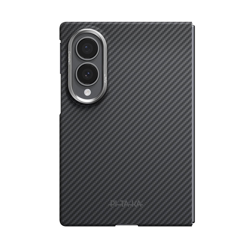 Galaxy Z Fold 8 Kılıf M-safe Şarj Özellikli 600D Aramid Karbon Fiber Pitaka Edge Serisi Black-Grey Twill Kapak Siyah-Gri
