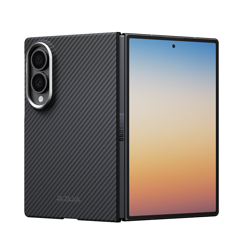 Galaxy Z Fold 8 Kılıf M-safe Şarj Özellikli 600D Aramid Karbon Fiber Pitaka Edge Serisi Black-Grey Twill Kapak Siyah-Gri