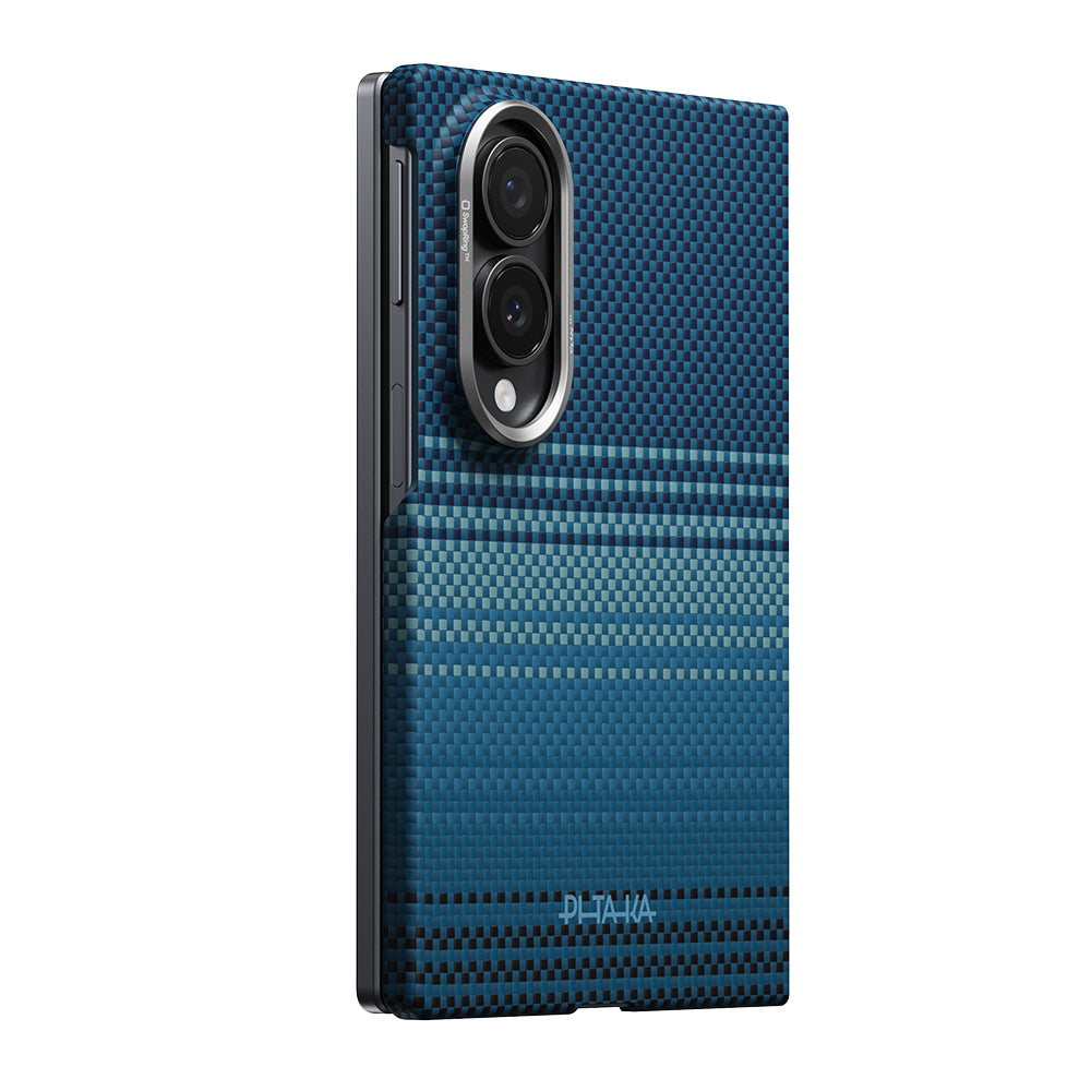 Galaxy Z Fold 8 Kılıf M-safe Şarj Özellikli Aramid Karbon Fiber Pitaka Tactile Woven Sunset-Moonrise Serisi Kapak Mavi