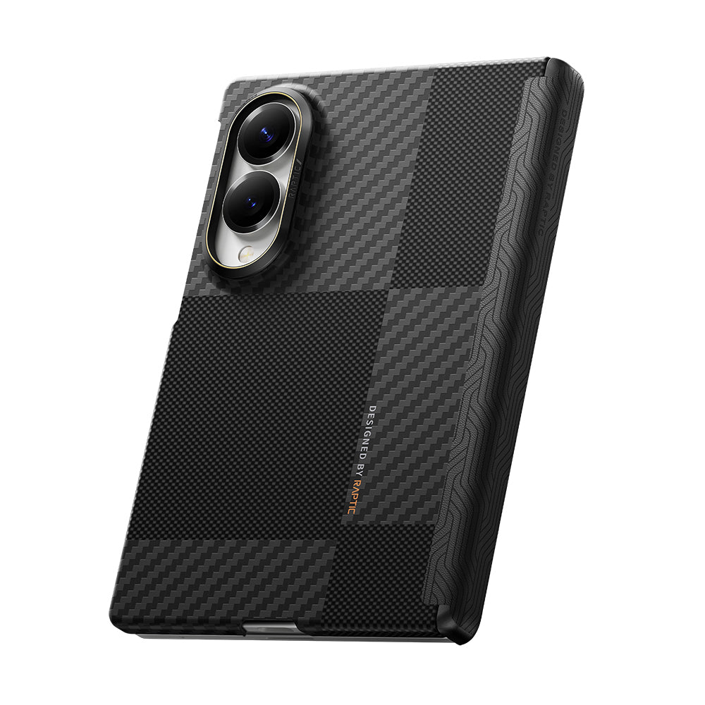 Galaxy Z Fold 8 Kılıf M-safe Şarj Özellikli Metal Kamera Çerçeveli Raptic Aramid SkinPro Serisi Karbon Kapak Siyah-Gri