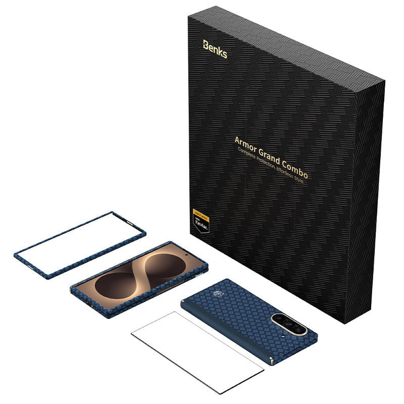 Galaxy Z Fold 8 Ultra Benks ArmorAir ArmorGrid Grand Combo Üçlü Aksesuar Seti (Ön Arka Kevlar Karbon Kapak + Ekran Koruyucu) Mavi