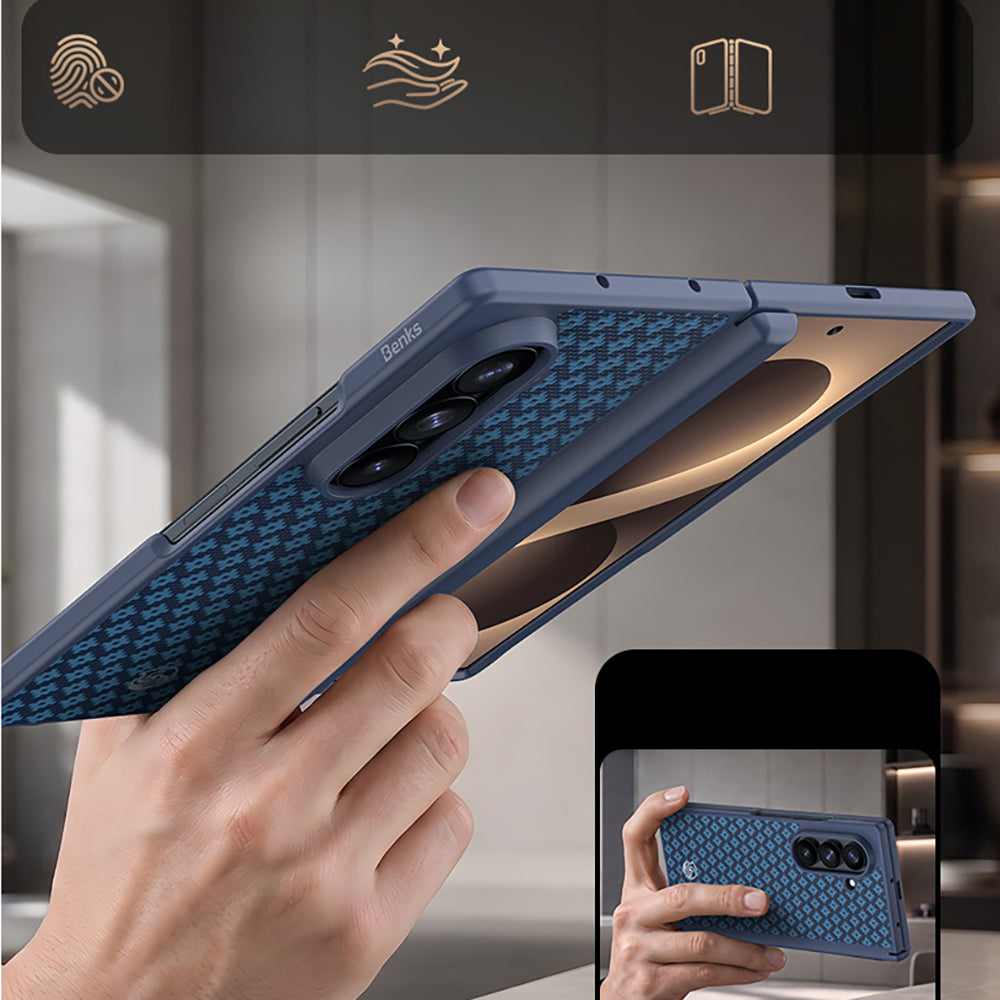 Galaxy Z Fold 8 Ultra Benks ArmorPro ArmorGrid Grand Combo Üçlü Aksesuar Seti (Ön Arka Kevlar Karbon Kapak + Ekran Koruyucu) Mavi