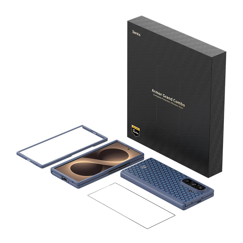 Galaxy Z Fold 8 Ultra Benks ArmorPro ArmorGrid Grand Combo Üçlü Aksesuar Seti (Ön Arka Kevlar Karbon Kapak + Ekran Koruyucu) Mavi