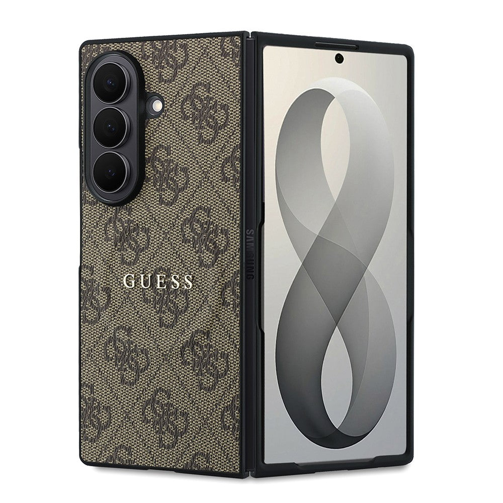 Galaxy Z Fold 8 Ultra Kılıf Guess Orjinal Lisanslı M-safe Şarj Özellikli 4G Desenli Yazı Logolu PU Deri Kapak Kahverengi