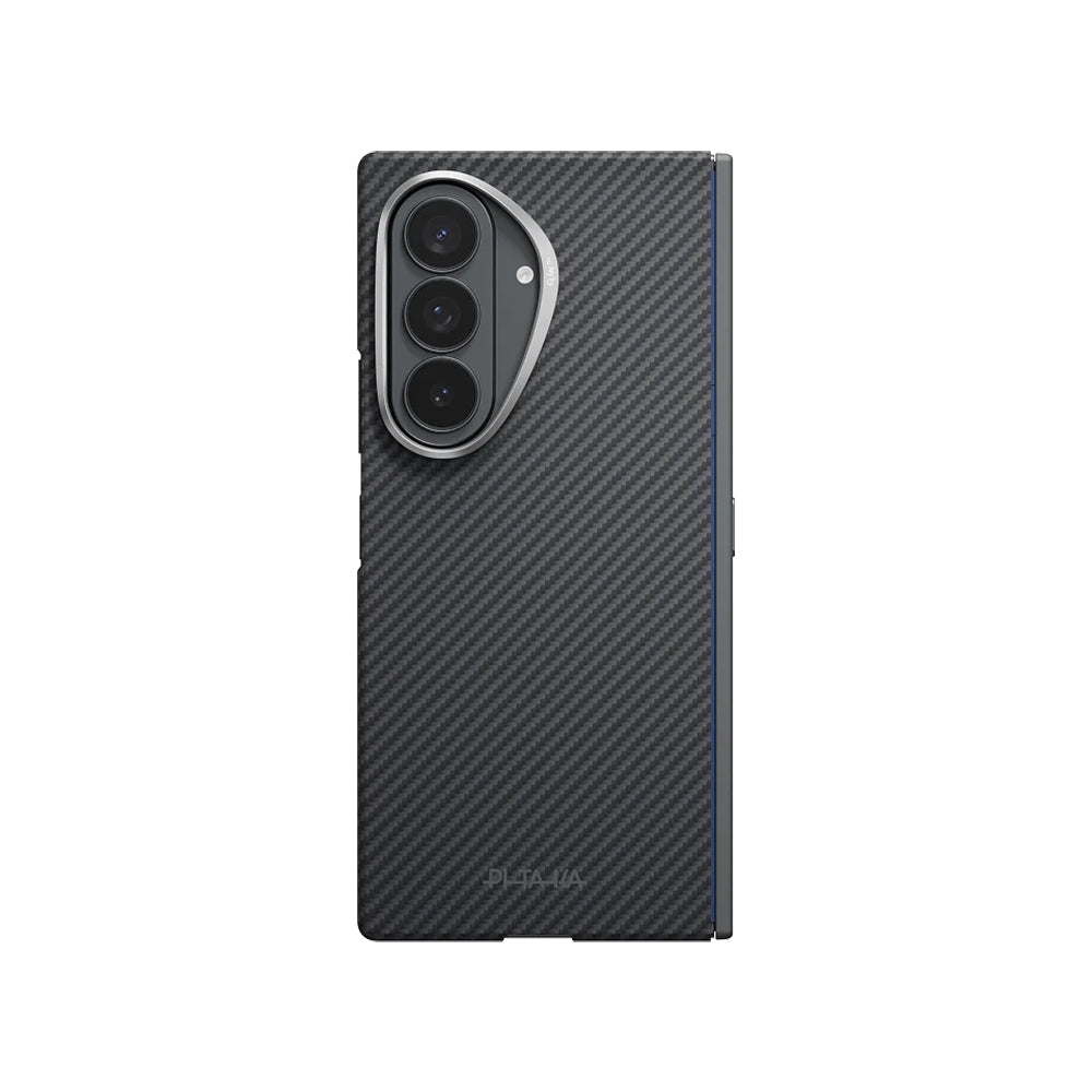 Galaxy Z Fold 8 Ultra Kılıf M-safe Şarj Özellikli 600D Aramid Karbon Fiber Menteşe Butonlu Pitaka Edge Serisi Black-Grey Twill Kapak Siyah-Gri