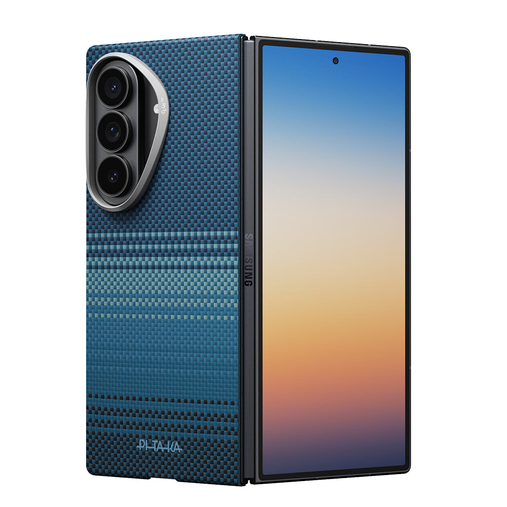 Galaxy Z Fold 8 Ultra Kılıf M-safe Şarj Özellikli Aramid Karbon Fiber Pitaka Tactile Woven Sunset-Moonrise Serisi Kapak Mavi