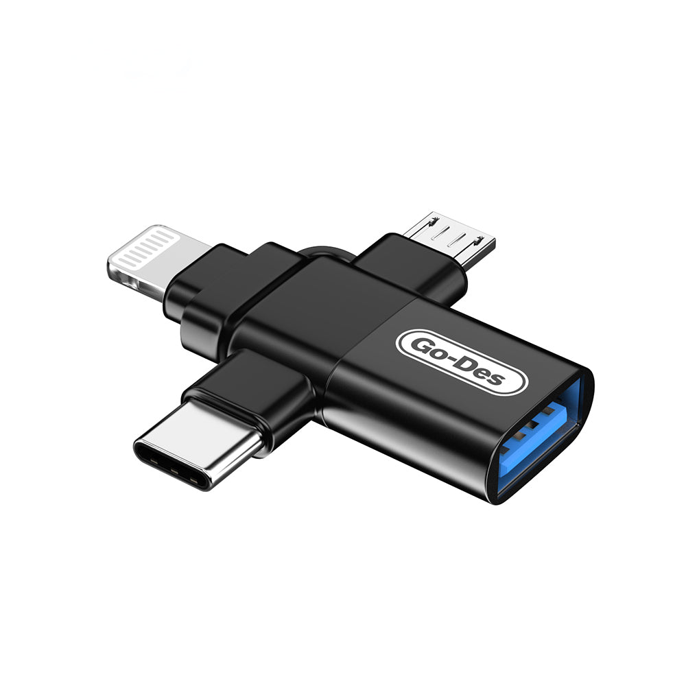 Go Des GD-CT196 4in1 Type-C+Lightning+Micro+USB3.0 OTG Dönüştürücü Adaptör Siyah