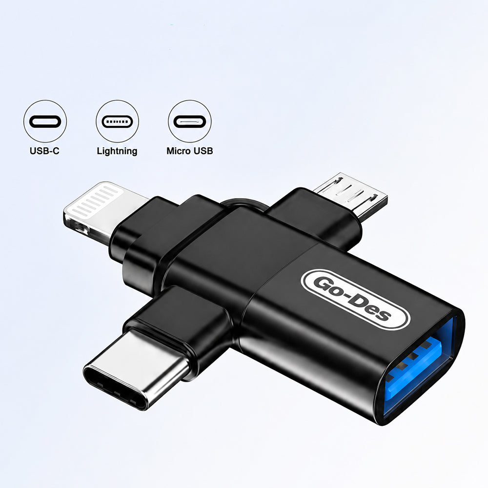 Go Des GD-CT196 4in1 Type-C+Lightning+Micro+USB3.0 OTG Dönüştürücü Adaptör Siyah