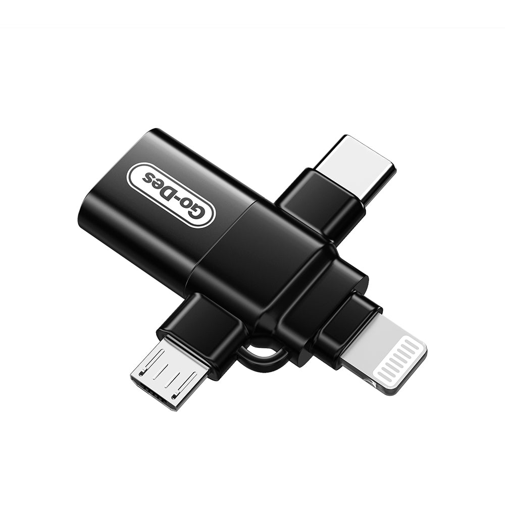 Go Des GD-CT196 4in1 Type-C+Lightning+Micro+USB3.0 OTG Dönüştürücü Adaptör Siyah